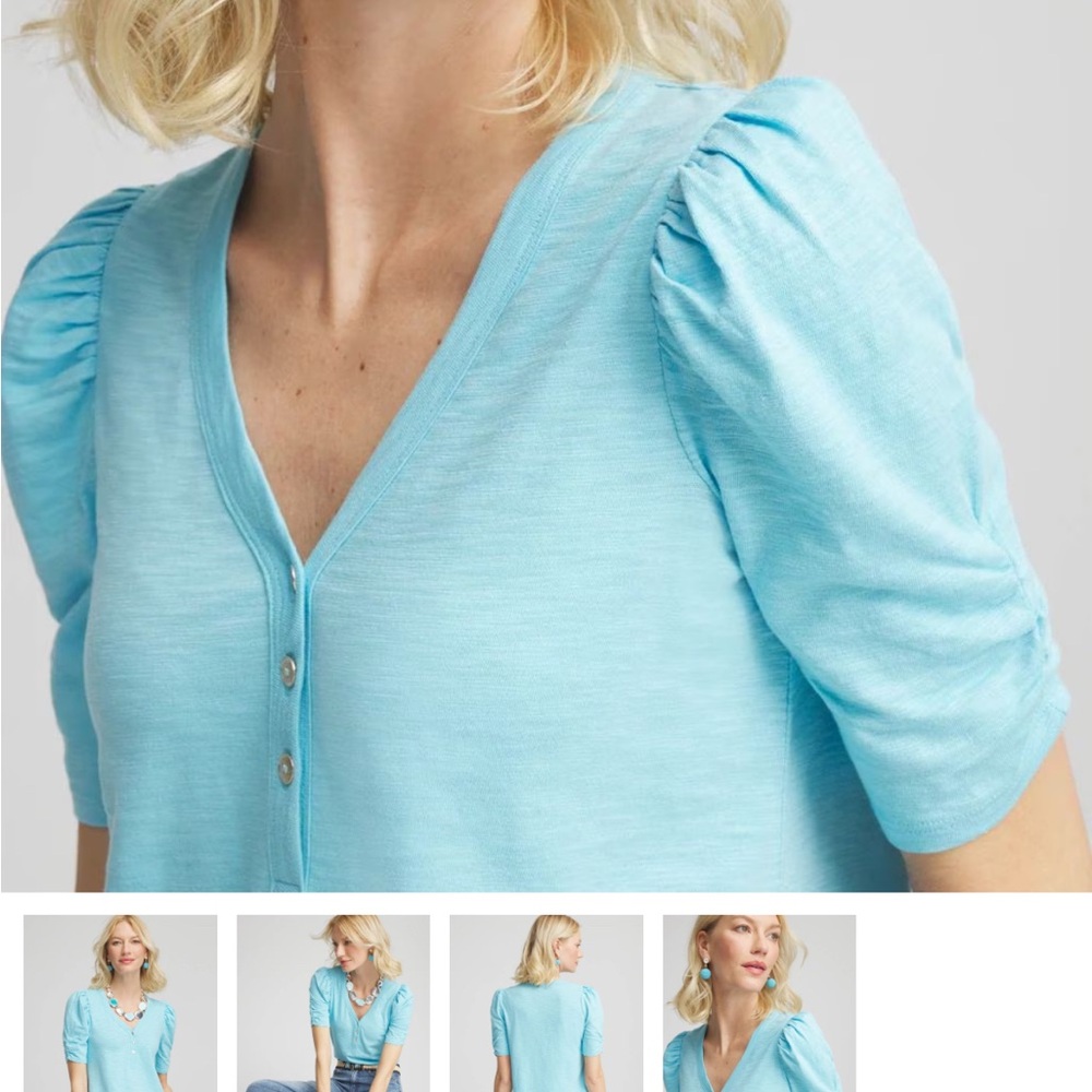 Chico's Womens Paradiso Blue Henley Shirred Sleeve Top NWT XL / sz 3 - Picture 3 of 7